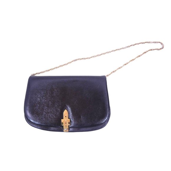 Vintage 1960s Black Purse Mod Gold Buckle Chain Shoulder Bag